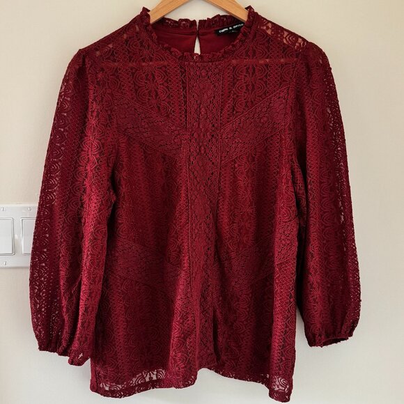 Cable & Gauge Tops - Cable & Gauge Burgundy Lace Blouse Romantic Long Sleeve Top